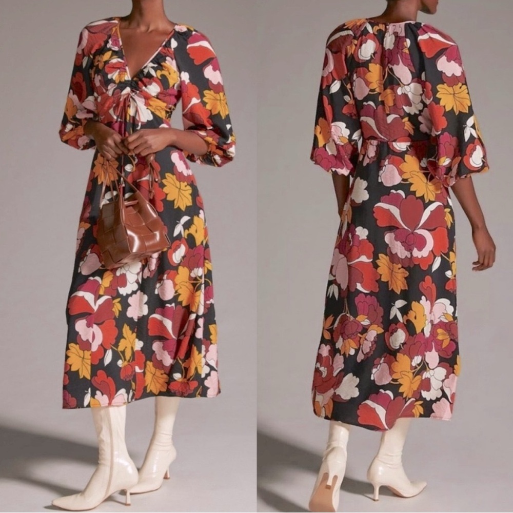 Anthropologie Maeve Deep V Ruched Floral Midi Dress Size 0P